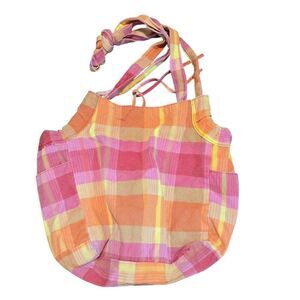 Plaid Cotton Tote Bag With Knotted Handles - Pink Orange & Yellow Boho Style